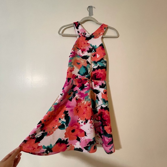 Aqua Floral V-Neck Skater Dress (Scuba material) - Picture 4 of 5